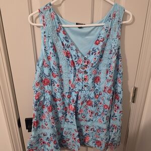 torrid Light Blue Floral Lace-Trim V-Neck Tank